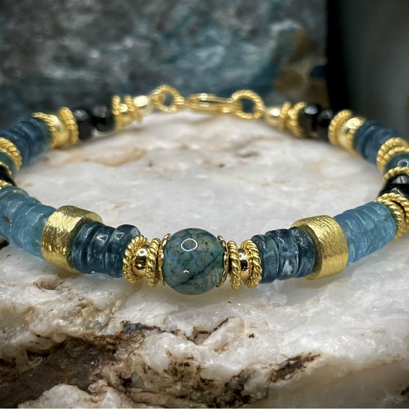 London Blue Topaz, Swiss Topaz, Black Tourmaline/ Vermeil 18kt G/F & Findings - Picture 5 of 5